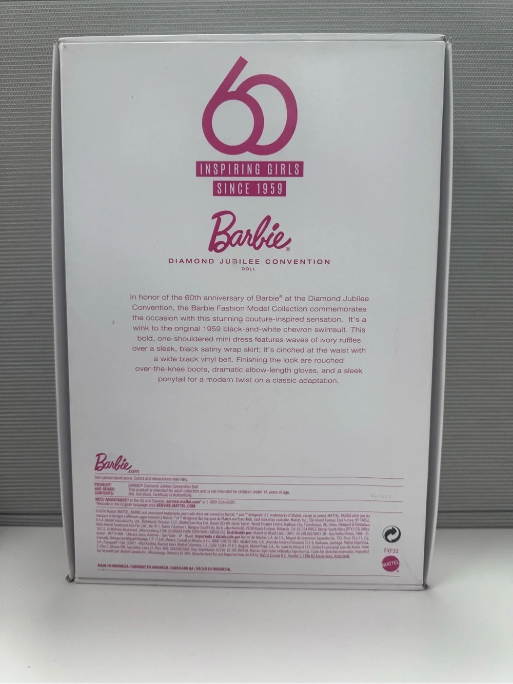 Barbie White and Pink 60th Anniversary Doll Box Back